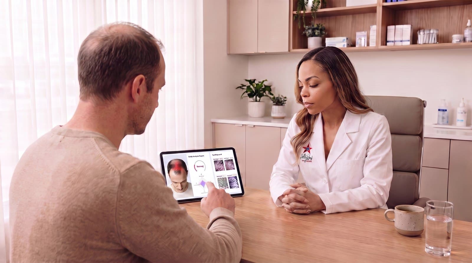 Dr. Ashley reviewing a scalp analysis report with a patient experiencing thinning hair