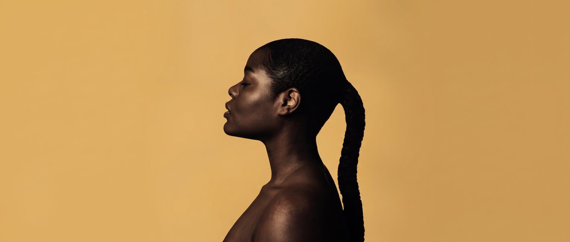 Profile portrait of a woman with a sleek braided ponytail against a warm gold background