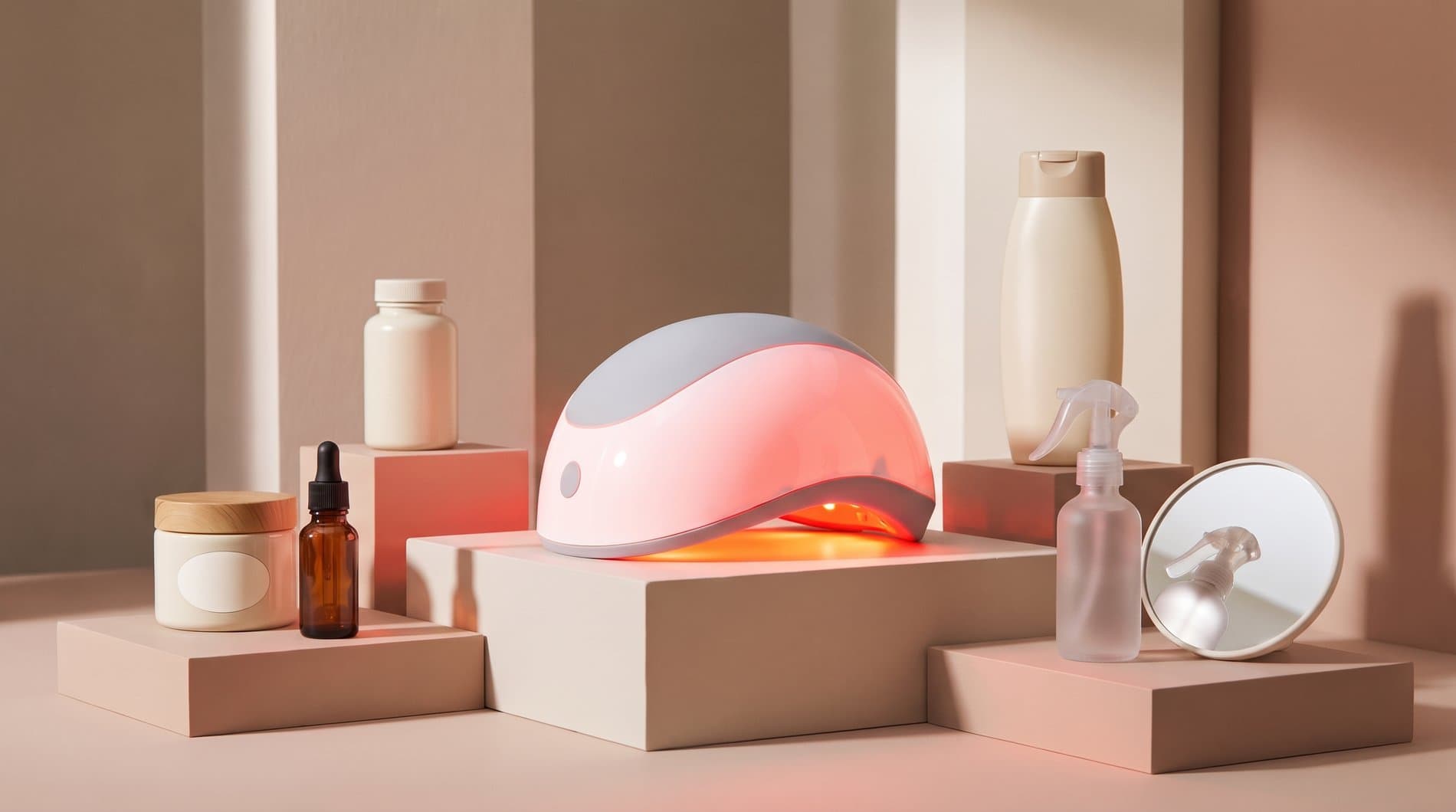 A red light therapy cap glowing on a riser, surrounded by HHI hair and scalp care products
